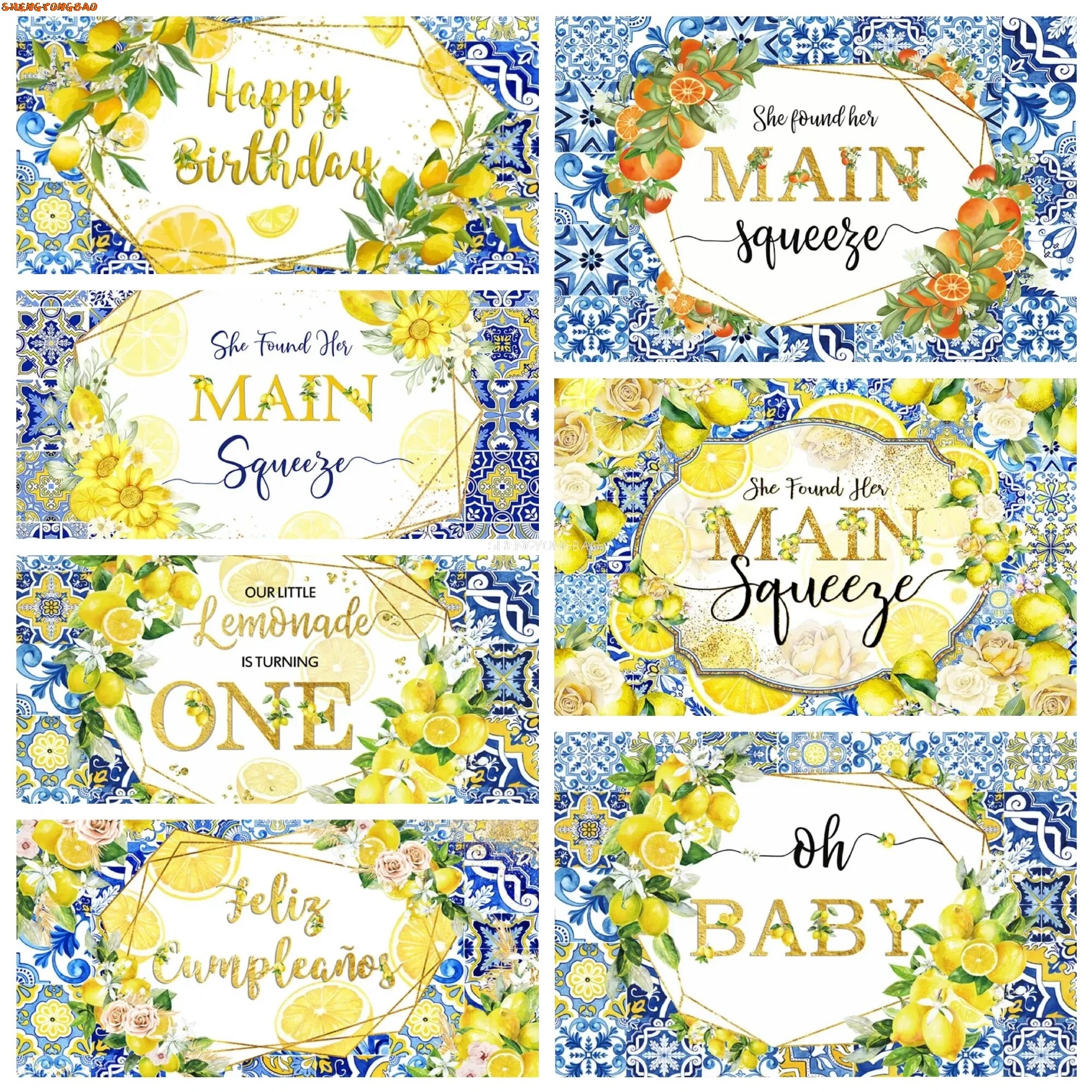 

Blue Ceramic Tile Lemon Photography Backdrops Props Baby Shower Birthday Party Bride's Wedding Photo Studio Background OB-01