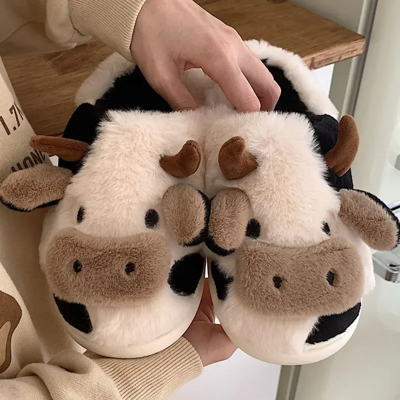 Crestar Women Slipper Cartoon Plush Slippers Winter Cute Cow  Antiskid Cloud Slippers Indoor Lovers Furry Non-slip Home Shoes