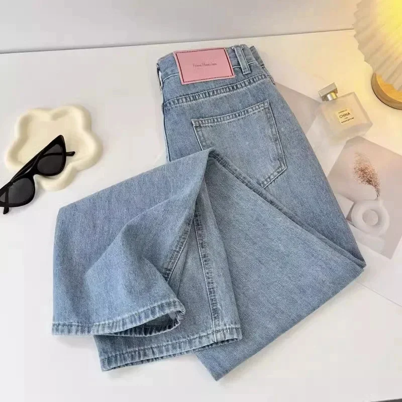 

Pop Pop Pink Design High Waist Straight Leg Denim Jeans Women Early Autumn Light Color Loose Pear Shape Wide Leg Floor Length Pa