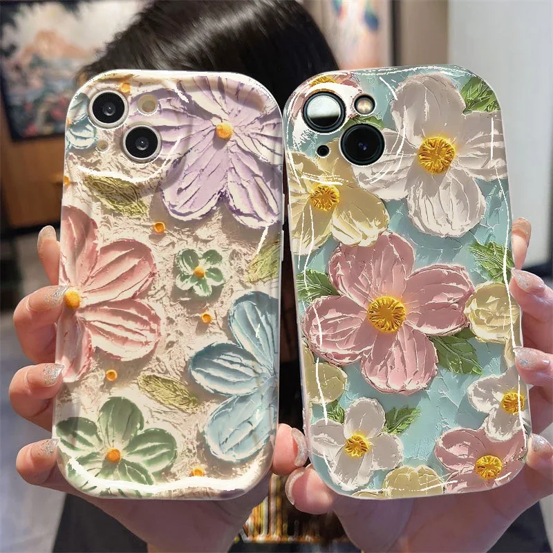 Oil Painting Flowers Phone Case For  iPhone 16 15 12 11 Pro Max 14 Plus 13 Mini X XS XR 7 8 Plus SE Wavy TPU Soft Silicone Cover