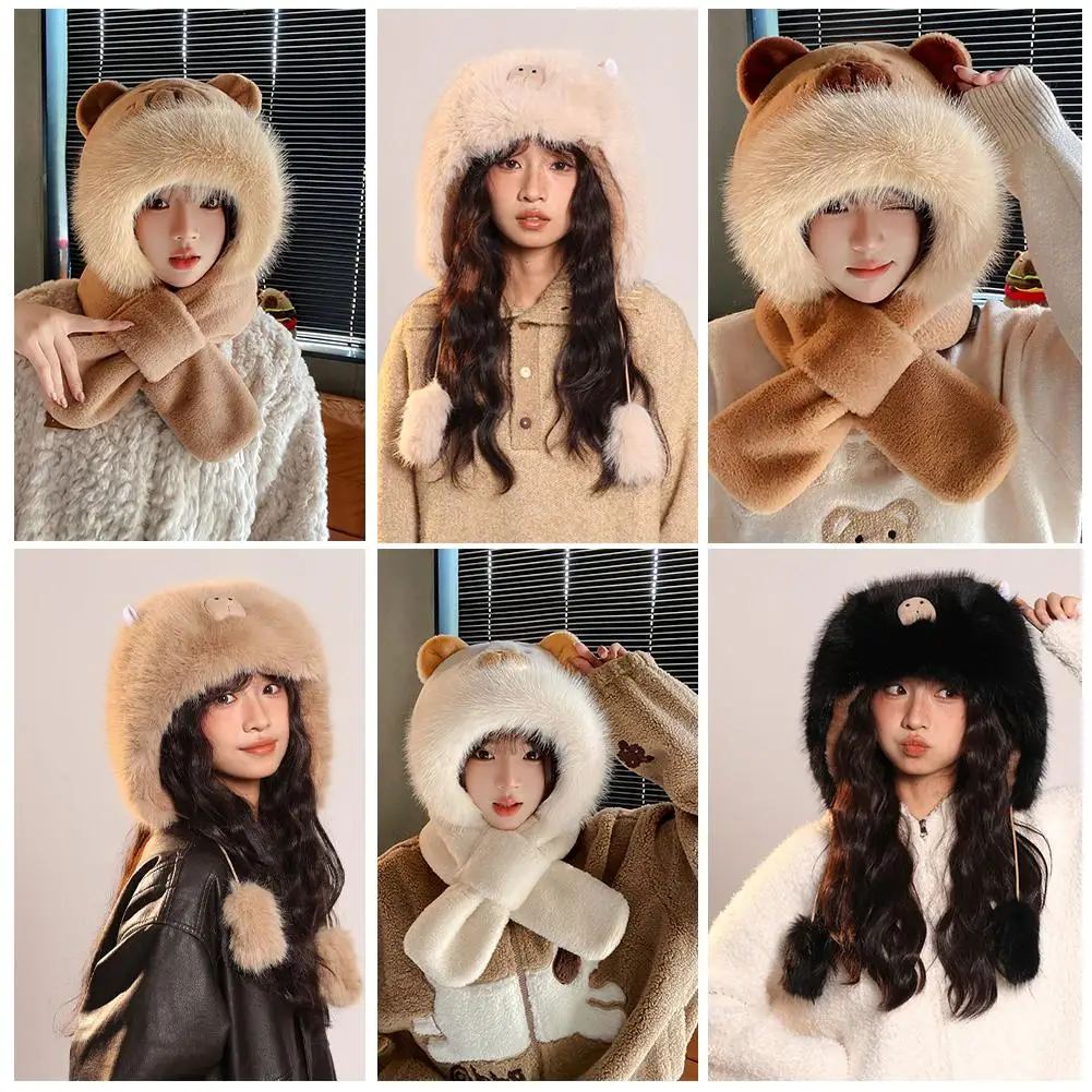 مجموعة قفازات وشاح قبعة كابيبارا 3 في 1 عصرية للنساء، إكسسوارات شتوية لطيفة منفوشة وفراء كرتونية، وشاح بغطاء للرأس دافئ للأذن #3