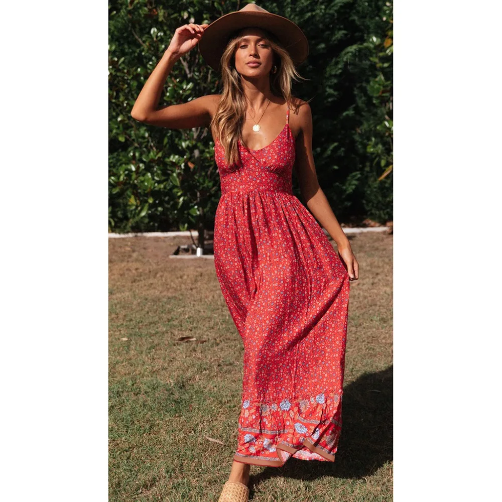 Bohemian Floral Spaghetti Strap Dresses Women Sexy V-neck Backless Casual Beach Vacation Long Dress Female Vestidos Summer New