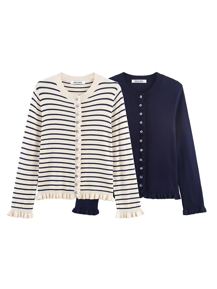 

European style new women's fashion versatile temperament layered decorative round neck long sleeve striped knitted cardigan
