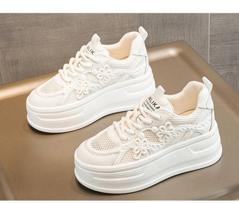 Womens White Mesh Platform Sneakers Breathable Thick Sole Casual Shoes With Flower Embroidery Lightweight Non Slip For Summer Da