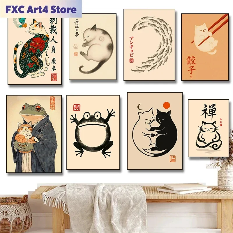 Frameless 1pc frameless Japanese Tattoo Cat Frog Yin Yang Cats Zen Meditation Ramen Bowl Illustration Poster Canvas Painting Pri
