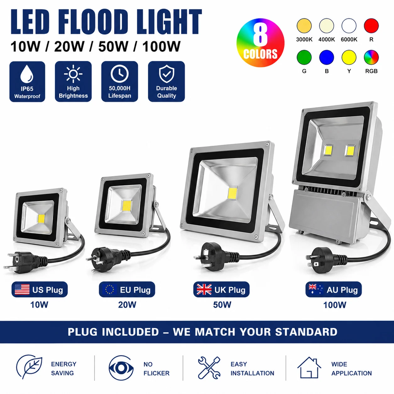 LED Flood Light Outdoor IP65 Waterproof 120LM/W 8 Colors with Plug Included 10W 20W 50W 100W Multiple Options for Lighting