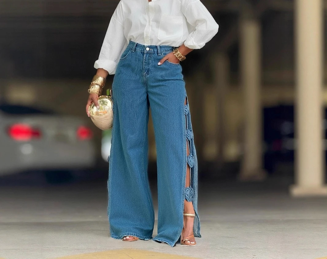 2026 Summer New Casual Fashion Hollow Split Fork Handmade Three-dimensional Flower Women's Jeans