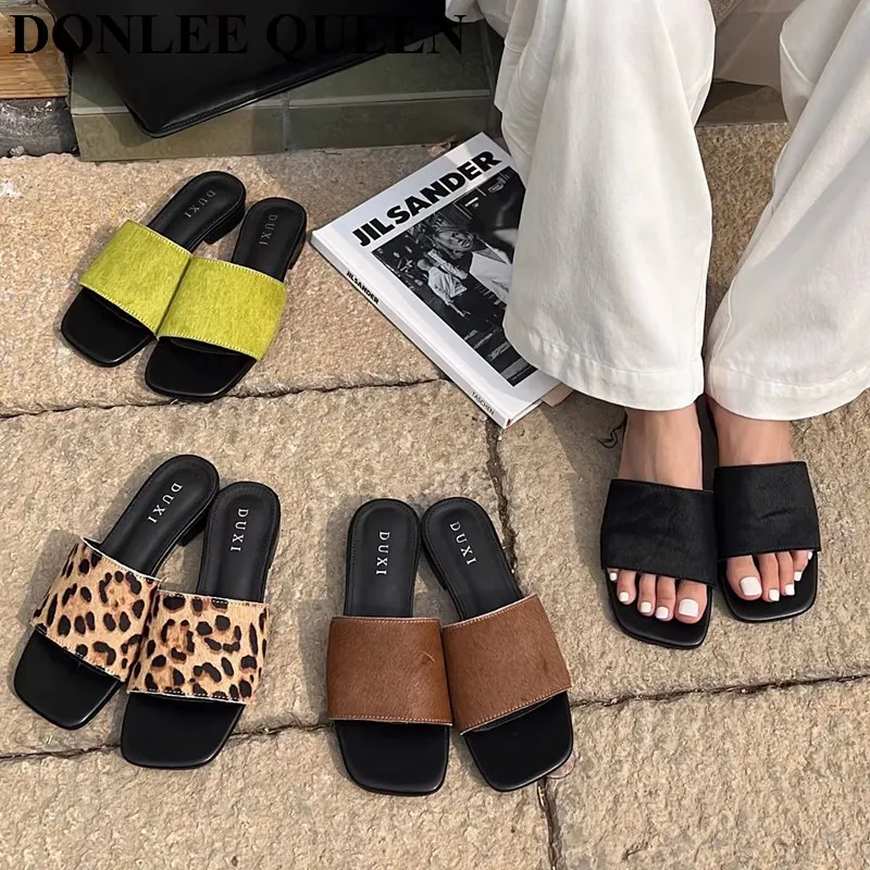 

Fashion Square Toe Ladies Flats Slippers Slides Women Shoes New Summer Flip Flops Leopard Print Horsehair Slipper Female Sandals