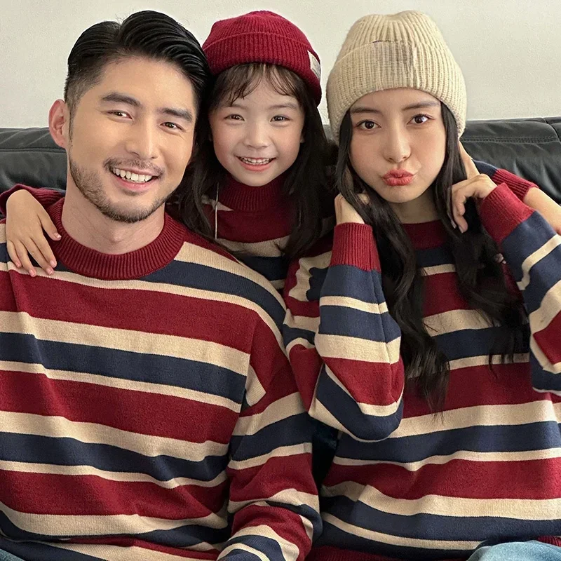 1-12 Year Girl Boy Brother Sister Sibling S-3XL Mom Dad Family Matching Outfits Color Patchwork Striped 2025 New Year Sweater