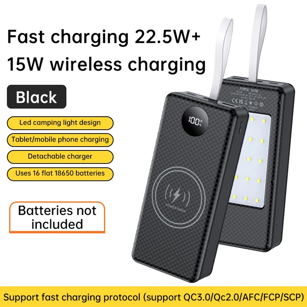 DIY 16*18650 Battery Power Bank Case Storage Box Dual USB Type-C Battery Holder Box 22.5W Fast Charging+15W Wireless Charging