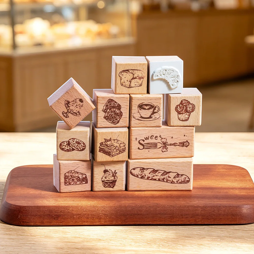 Wooden Bread Cake Pattern Stamp Set for Scrapbooking Journaling Diary Deco Label Card Making Craft Supplies Bakery Theme