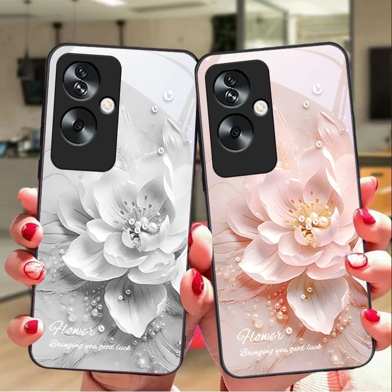 Colorful Lotus Pearl For Oppo A79 5G 58 78 74 60 4G Reno 11F Realme GT 6 11 Note 50 10 C55 X2 Tempered glass black phone case