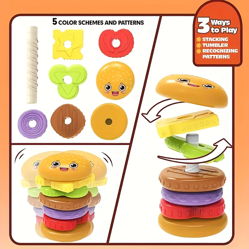 Giocattolo impilato a forma di hamburger - Puzzle educativo, Giochi di coordinazione occhio-mano, Regali di compleanno/Natale/Halloween per neonati