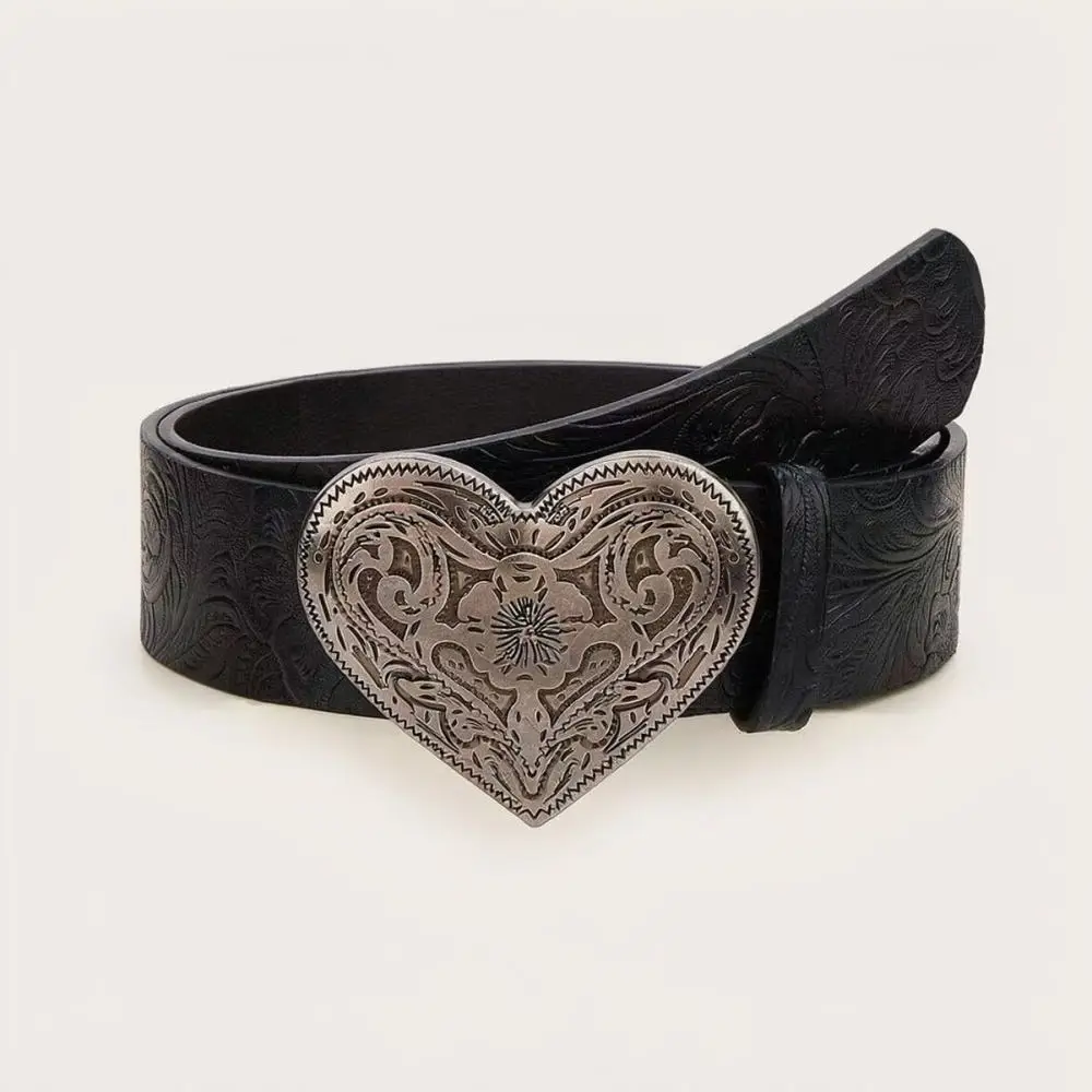 Unisex Vintage Embossed Heart Belt Fashion PU Leather Waist Strap Metal Buckle Casual Black Aesthetic Jeans Accessory