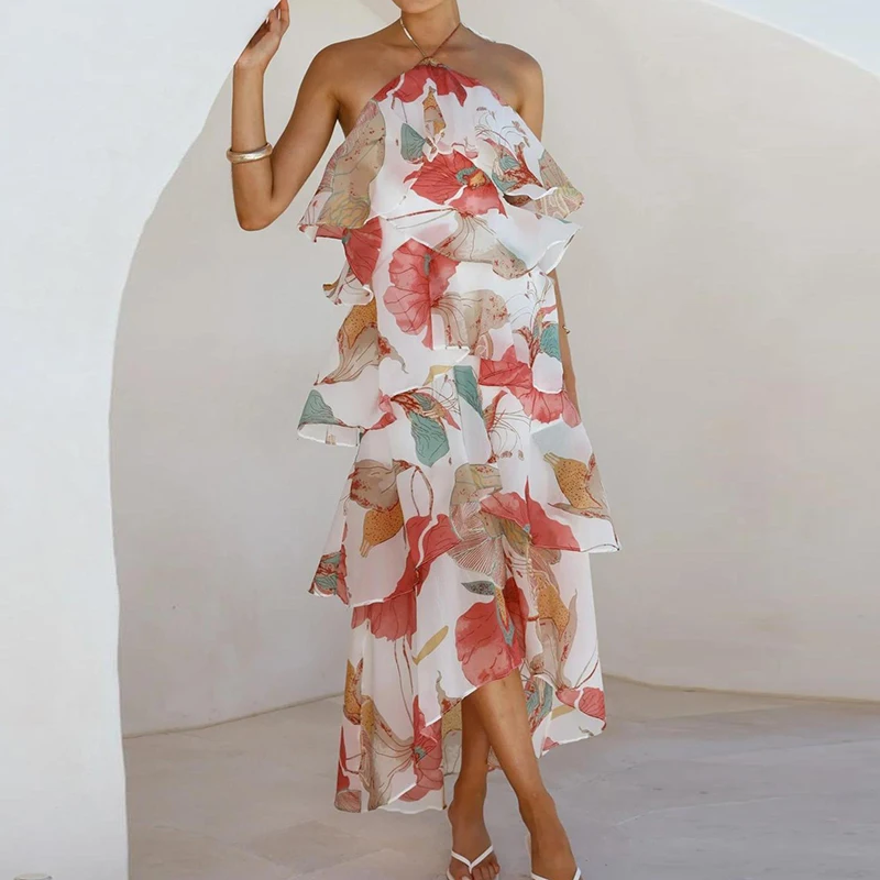 Novo 2026 verão em camadas plissado borda bolo vestido longo senhora casual sem costas vestido de praia sexy halter oco sem mangas vestido de férias