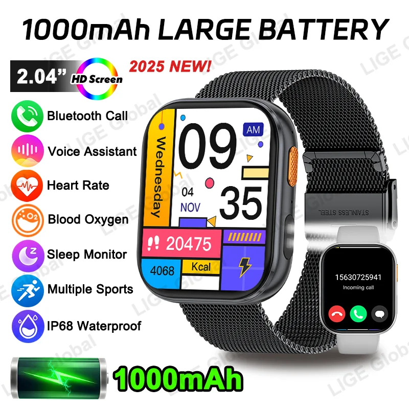 

LIGE New 1000mAh Battery Smart Watch Men Outdoor LED Flashlight IP68 Waterproof 2.04" HD Voice Calling 100+ Sports Watch Women