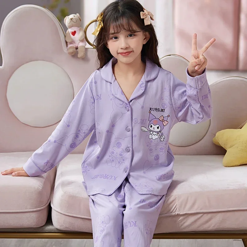 Sanrio Hello Kitty Fall Pure Cotton Long Sleeve Trousers Casual Children Pajamas Home Wear Silk Pajamas Women\'s Sleepwear Suit