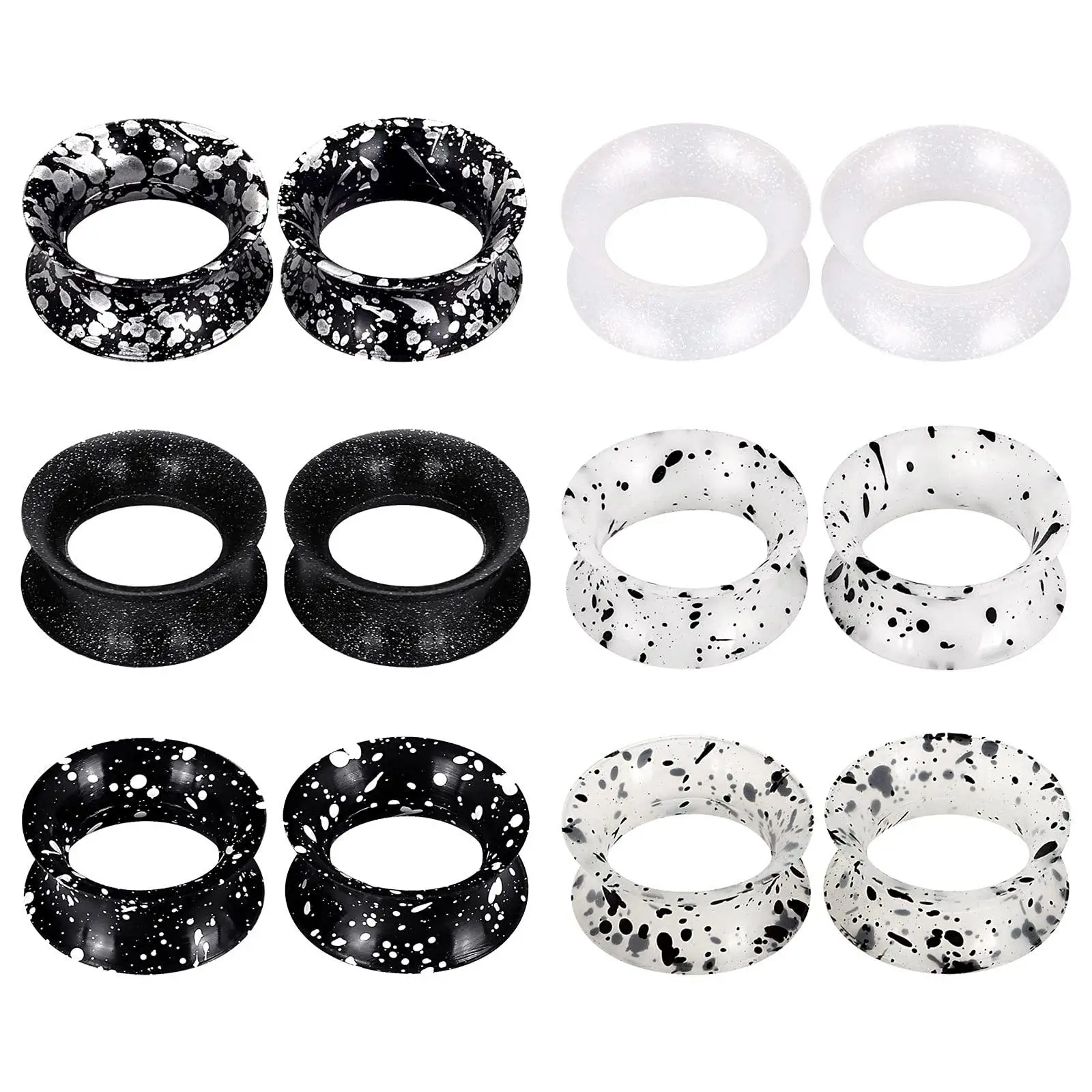 1/6 Pairs Black and White Spotted Double Flared Soft Silicone Ear Expander Tunnels Gauges Plugs Stretchers Ear Piercing Jewelry