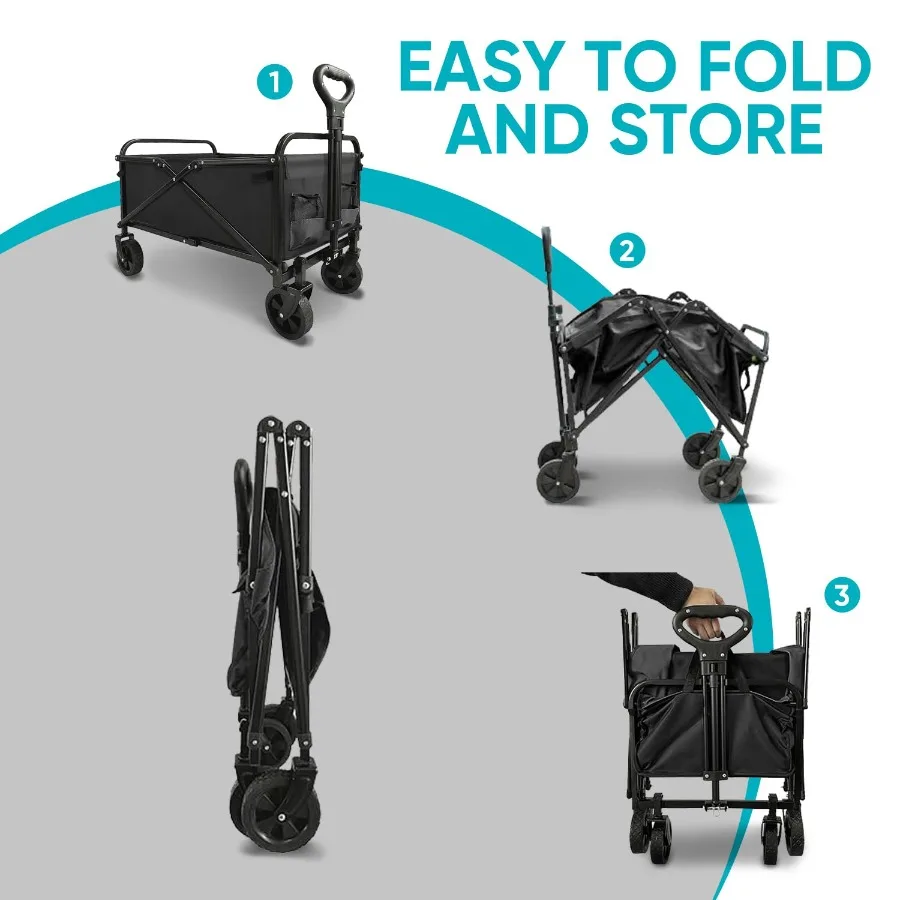 عربة شاطئ قابلة للطي وقابلة للطي بسعة كبيرة وعربة قابلة للطي شديدة التحمل ومحمولة للرياضات الخارجية والتسوق والتخييم باللون الأسود