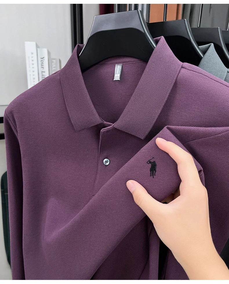 Luxury fashion brand exquisite Paul embroidery design lapel long sleeved polo shirt fashionable men's 100%cotton comfortable top