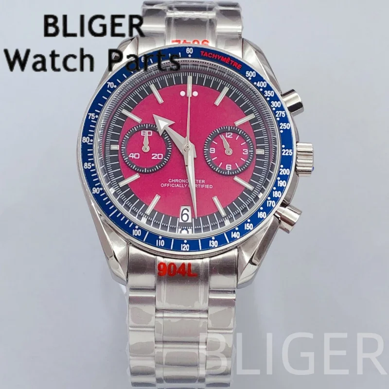 BLIGER 40MM VK64 Quartz Watch Men's Moon Chronograph Watches Burgundy Red Dial Luminous Coated Glass 5Bar Diving Reloj Hombre