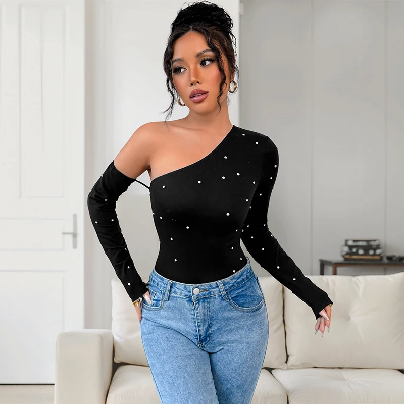 Benuynffy Diagonal Collar Long Sleeve Diamonds Bodysuit Women 2025 Autumn Sexy Party Black High Elastic One-piece Body Top