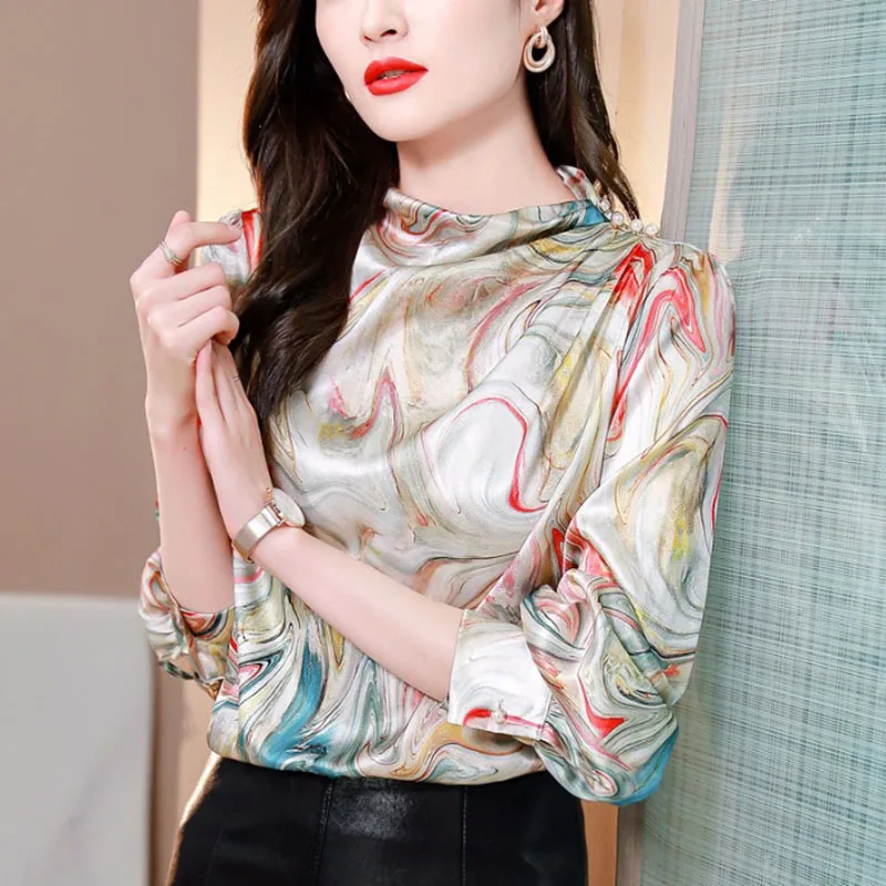 

Women Blouses And Shirts Vintage Printed Basic Tops Simple Stand-Up Collar Long Sleeve Shirts Women Blusas Mujer De Moda 2023