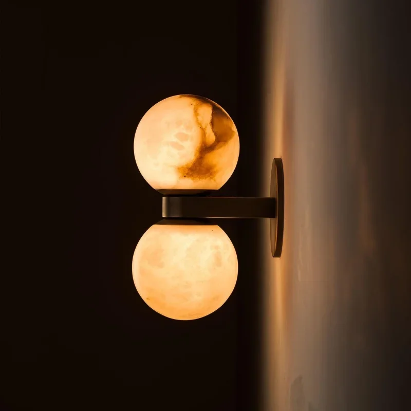 Vintage double-headed spherical light Spanish natural marble wall lamp with suitable for bedroom and living room