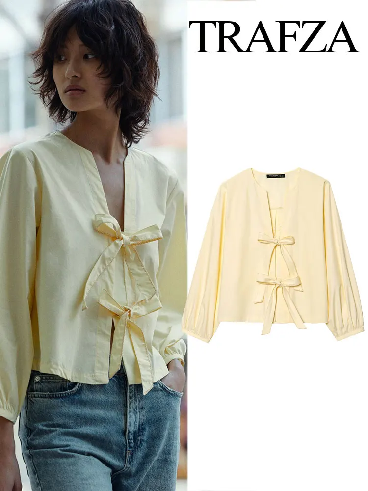 

TRAFZA 2025 Summer Women's Fashion Chic Bow-Edit Poplin Shirt Retro Round Neck Casual Long Sleeve Shirt Women's Streetwear