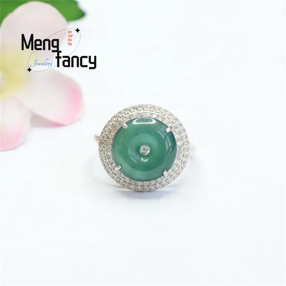 

S925 Silver Inlaid Natural Jadeite Ring Ice Blue Water Ping An Buckle Exquisite Elegant Simple High-grade Luxury Fashion Jewelry