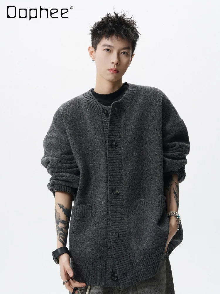 

Spring and Autumn New American Retro Men's Light Gray Cardigan Sweater Couple High Street Large Pocket Casual Dark Gray Cardigan