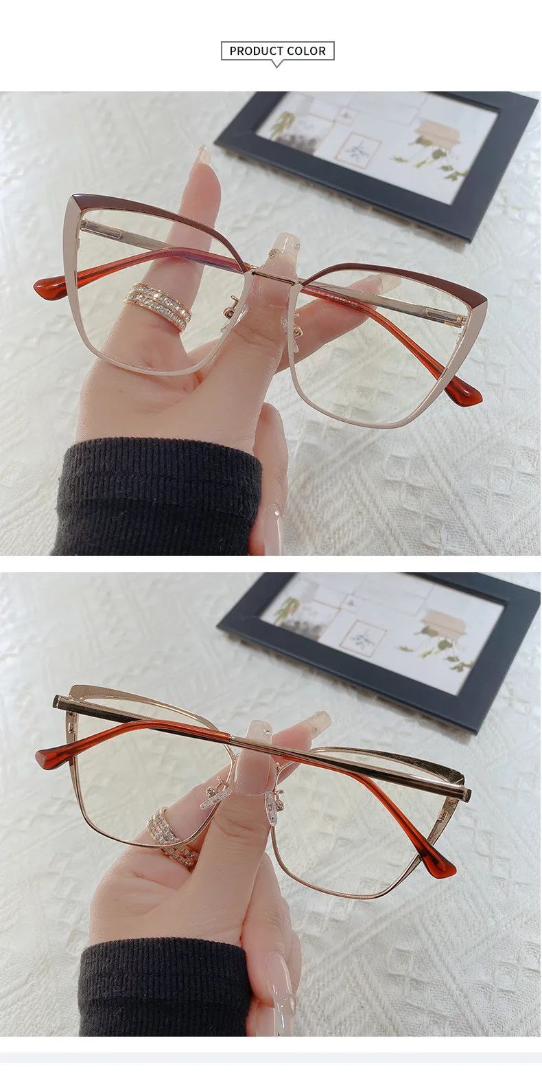 Neue Mode Marke Design Retro Cat Eye Rahmen Photochrome Anti Blau Licht Computer Frauen Lesebrille Weitsichtige Dioptrien 0-6 – Detail 10
