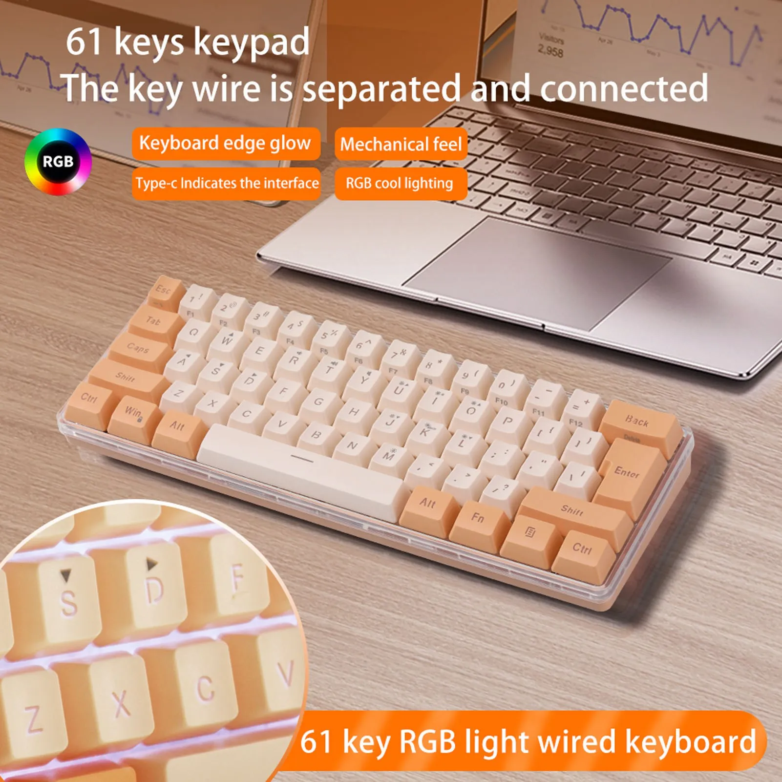

Клавиатура с RGB-подсветкой, 60% игровая клавиатура, имитирующая механическую USB-проводная эргономичная для путешествий, игрового плеера