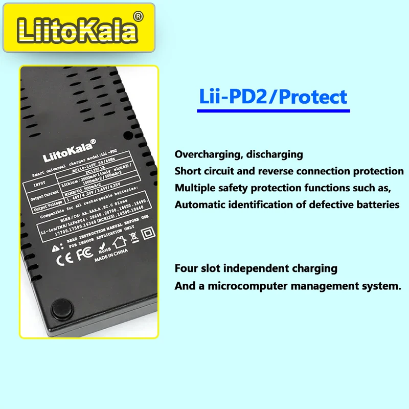 LiitoKala Lii-PD4 PD2 AC PD DC Charger LCD Display 4 Bay 2 Slot Fast Charge 18650 21700 AA AAA NiMH Li-ion Universal Protection