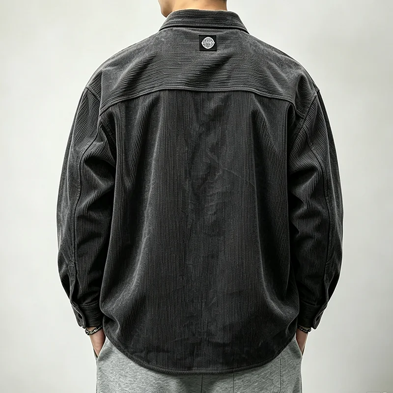 Men's Casual Corduroy Cargo Shirt Spring Autumn Fashion Vintage Double Pockets Workwear Embroidery Long Sleeve Shirt Jacket Top
