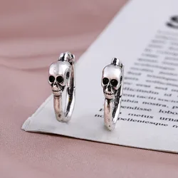 KOFSAC Hip Hop Skull Hoop Earrings For Lovers Unisex S925 Sterling Silver Jewelry Women Men Trendy Vintage Personality Earring