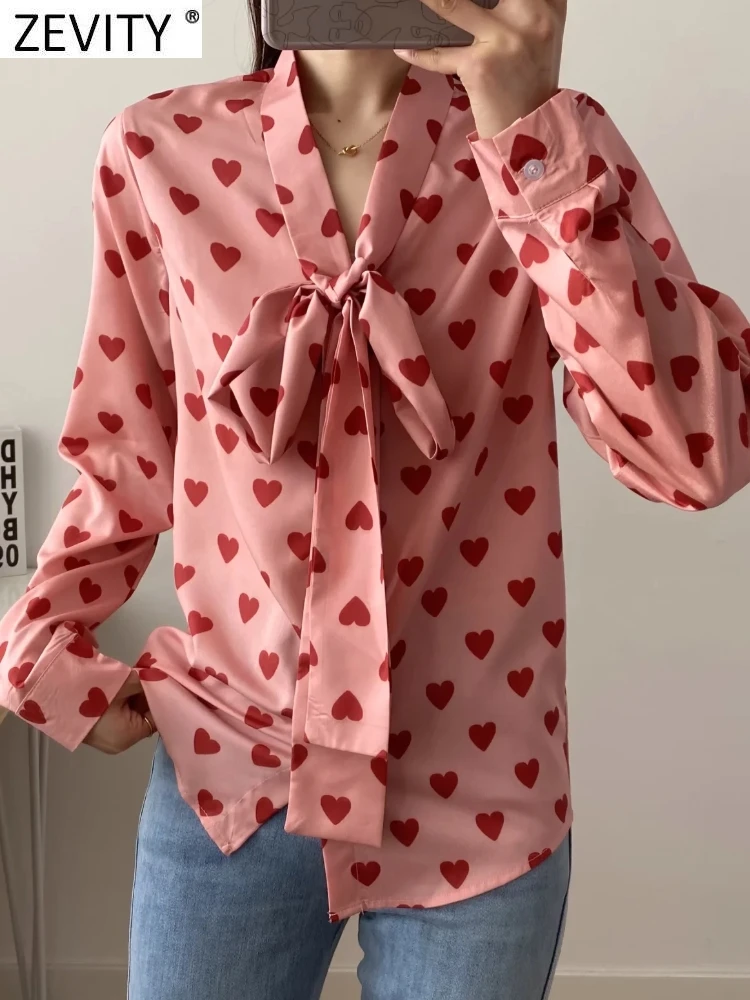 Zevity Women Sweet Bow Decoration Hearts Print Chiffon Blouse Ladies Long Sleeve Loose Shirts Chic Casual Blusas Tops LS10045