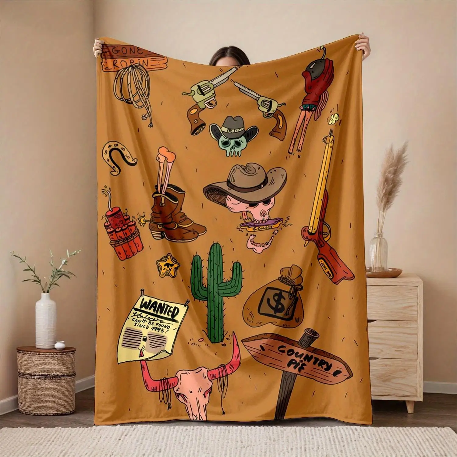 1 manta extra resistente de vaquero occidental de 280 g/m2 - Marrón rústico con motivos de vaquero (caballos, cactus, cartel buscado) - Todo-