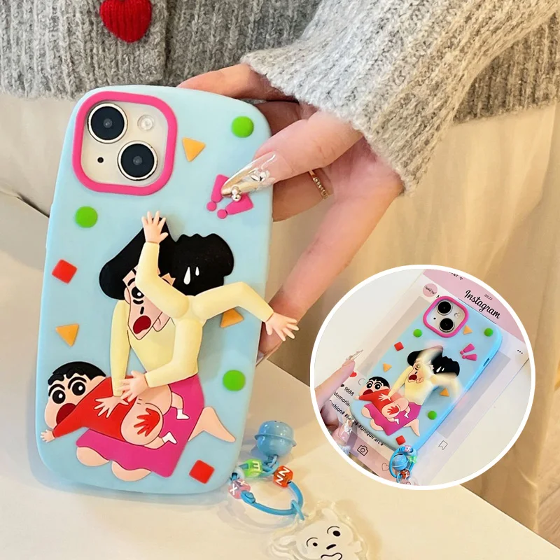 

3D Crayon Shin-chan Rotatable Silicone Case for Apple iPhone 16 15 14 13 12 11 Pro Max Promax Funny Shockproof Protective Cover