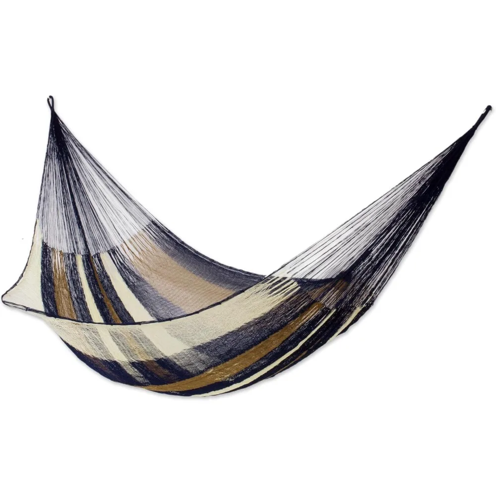 Earthtone Brown Striped Nylon Hand Woven Mayan Rope 2 Person XL Hammock (Double)