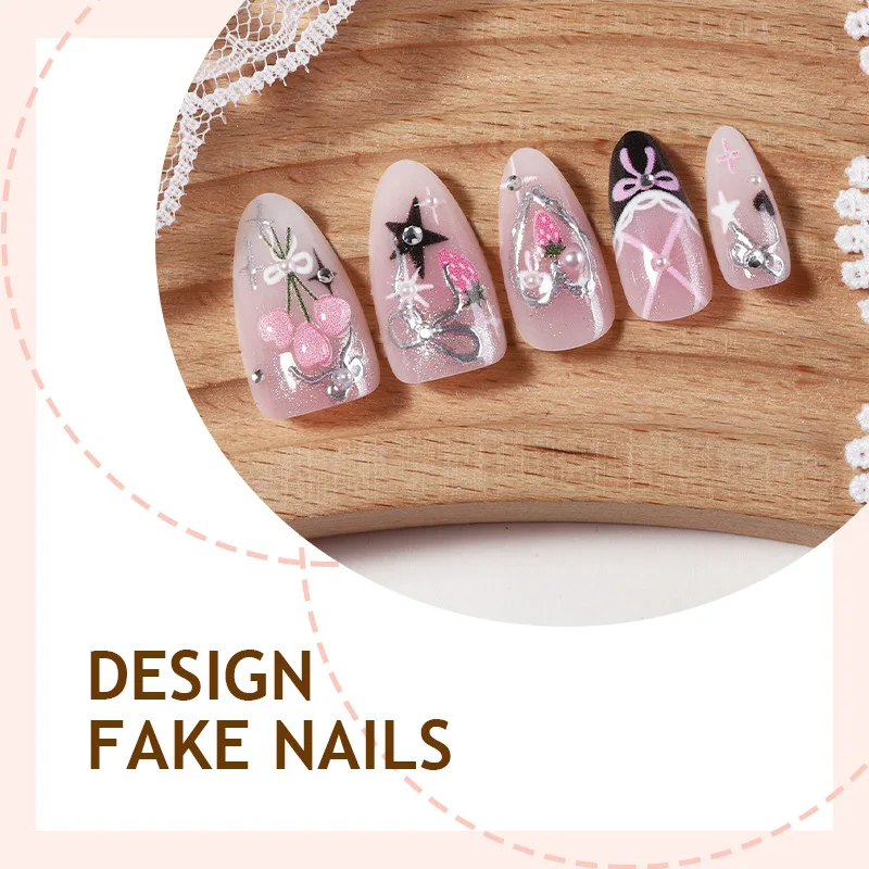 24 Stück Valentinstag süße rosa Mandel falsche Nägel Silber Schleife Herz süße Blumen Stern Französisch Press on Nails Full Cover Wearable Nail