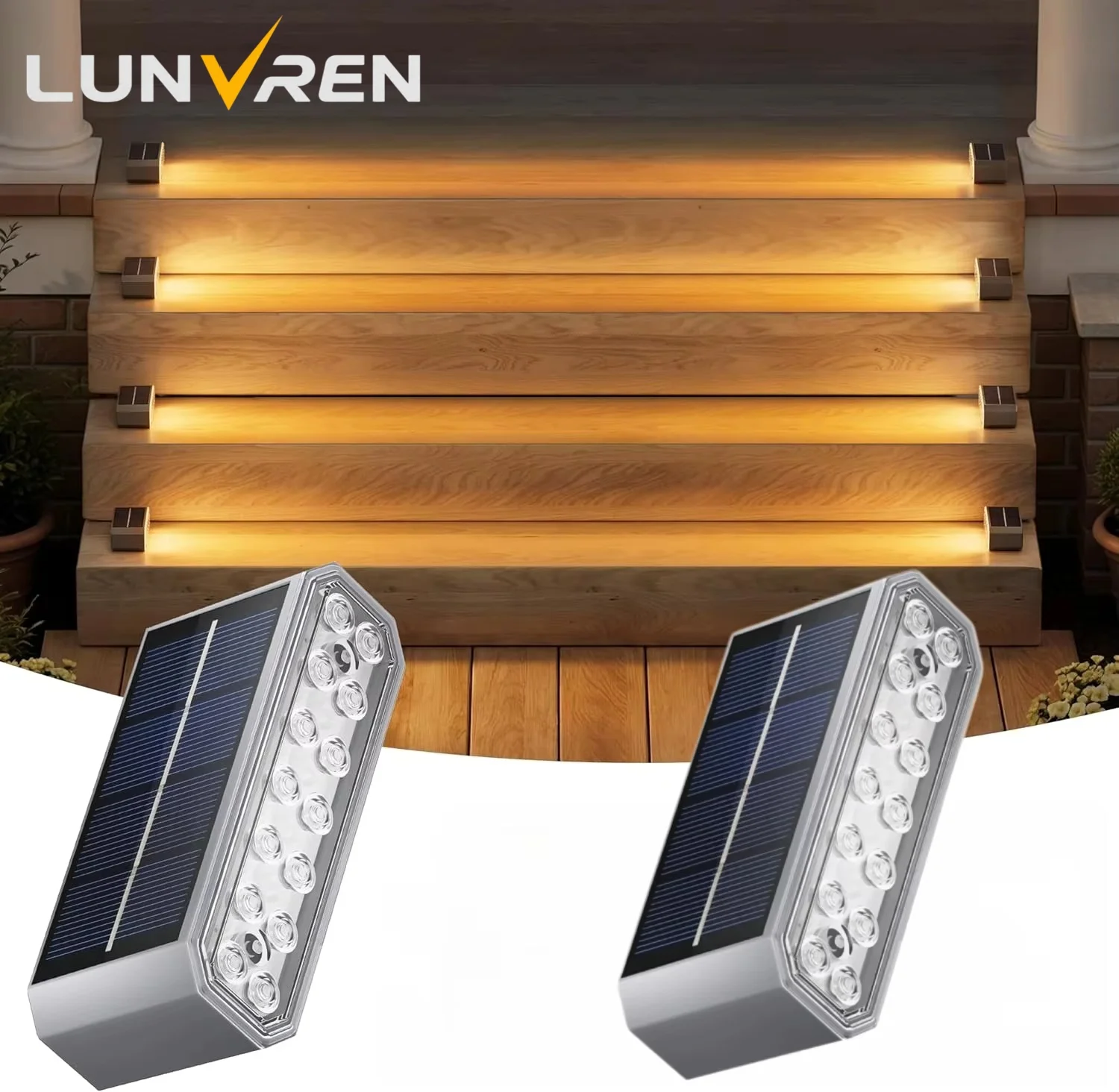 Image of 14LED 2er-Pack Solar-Stufenleuchten für den Außenbereich, wasserdichte LED-Solar-Treppenleuchten, Deck-, Terrassen-, Garten- und Wegeleuchten, automatisches Ein-/Ausschalten, keine Verkabelung