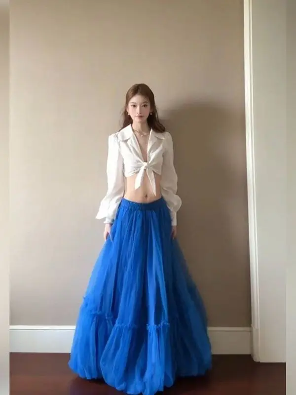 

Hot Girl Pure Desire Summer Island Vacation Fashion Set Women's Sunscreen Shirt Net Halves Long Skirt Casual Loose Fit