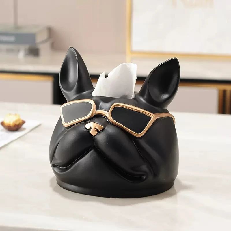 Dog Head Tissue Box Holder for Table French Bulldog Head Statue Desktop Toilet Paper Holder Nordic Style Home Decoration Kitchen