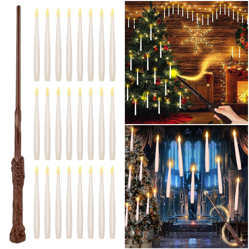 Flickering Warm Light with Wand Creative Candle Lamp LED Flameless Taper Candle Flameless Floating Light Party Halloween Decor