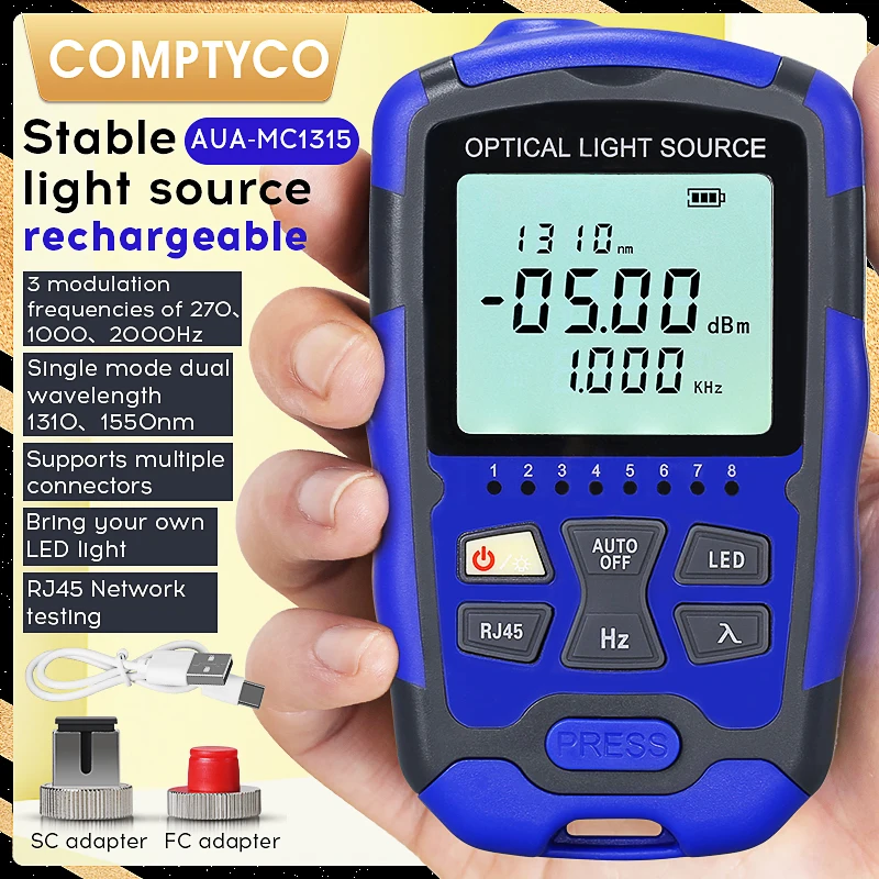 

COMPTYCO AUA-MC1315 Перезаряжаемый миниатюрный стабильный источник света для тестирования оптоволоконных кабелей, одномодовый 1310/1550 нм, 270/1000/2000 Гц