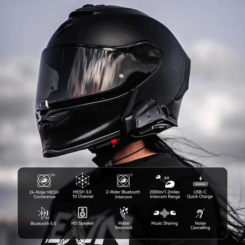 Mesh com mesh & Bluetooth intercom for motorcycle helmet headset, mesh intercom up to 24 people within 2 km range