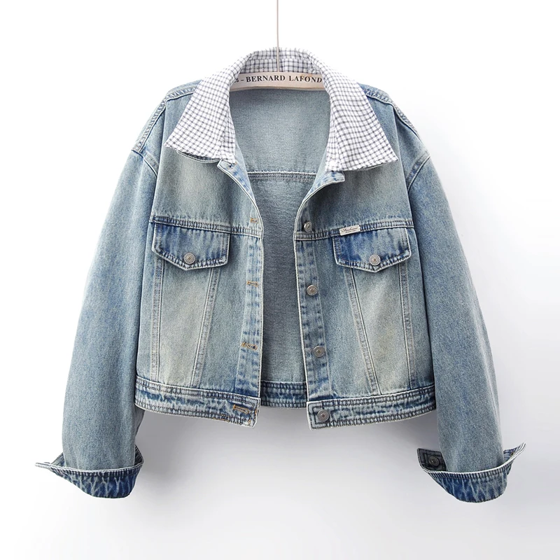 Spring Vintage Removable Plaid Lapel Light Blue Short Denim Jacket Women Casual Long Sleeve Hole Jeans Jacket Female Basic Coat