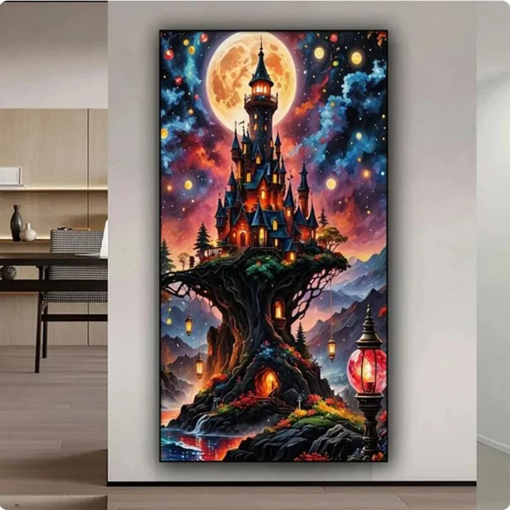 Diy Diamond Painting Landscape Full Square Round Diamond Mosaic Art Large Home Decor The Castle Tree of the Fairy Tale World