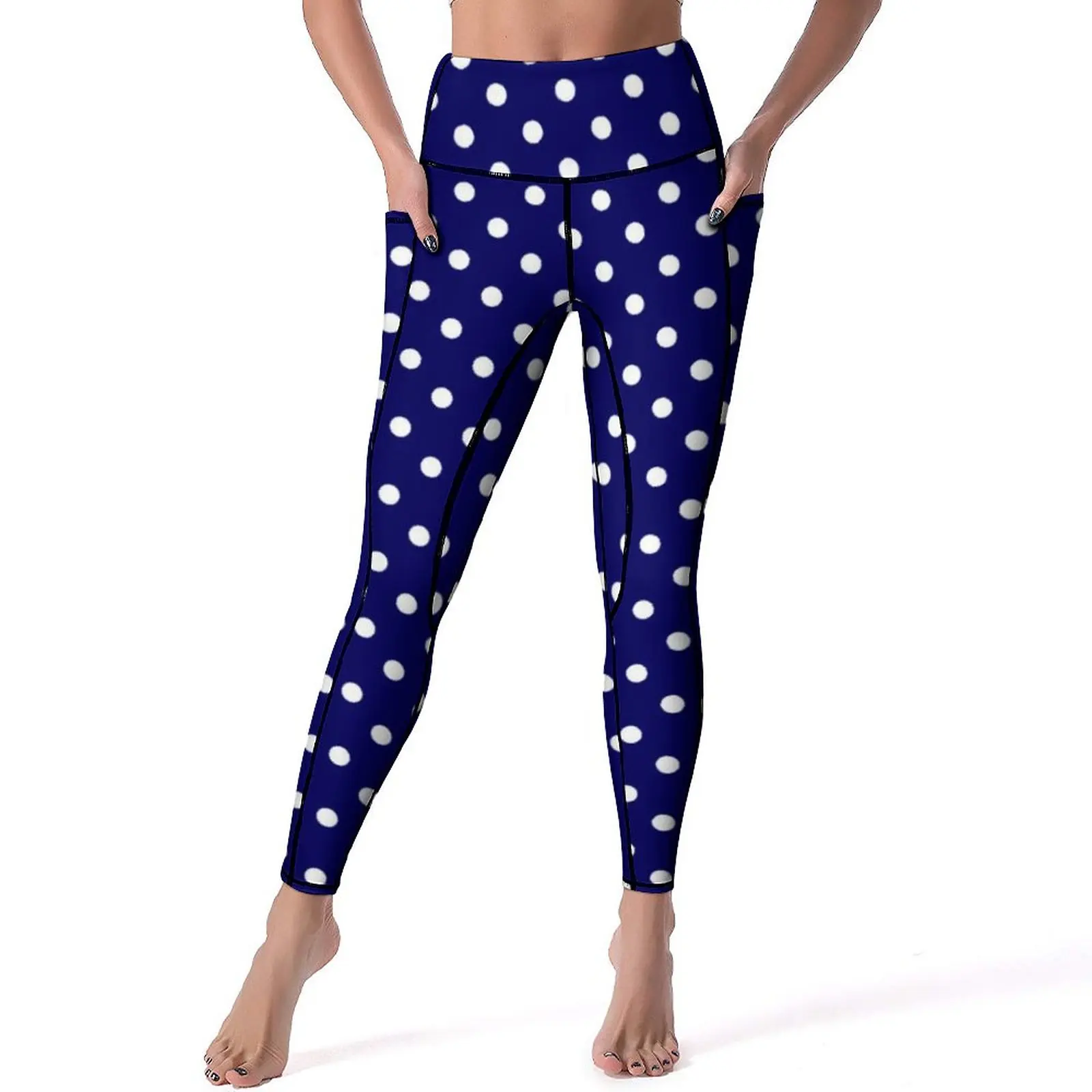 

80S Design Aesthetic Leggings Blue Polka Dots Vintage Gym Yoga Pants Push Up Cute Leggins Elastic Pattern Sports